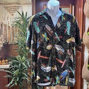 Vintage Pineapple Moon Hawaiian Shirt M | 90s Surf Cars Rayon Aloha Retro Black